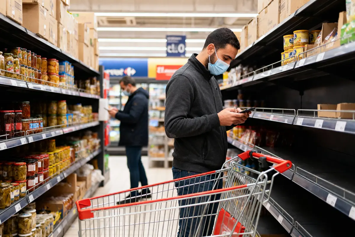 Homme masqué, chariot de courses, vérifie smartphone dans l'allée du supermarché. Autre personne au fond.