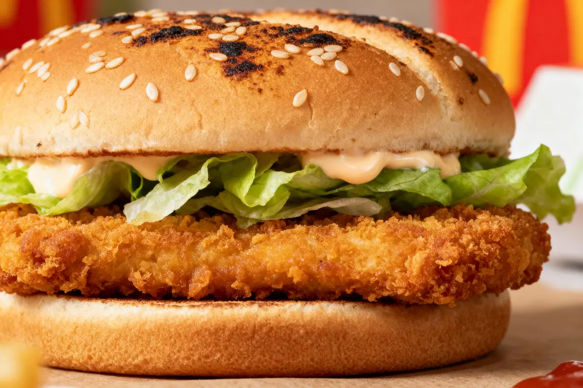 Burger de poulet frit avec salade, sauce, pain sésame grillé en gros plan, légèrement flou à l’arrière-plan.
