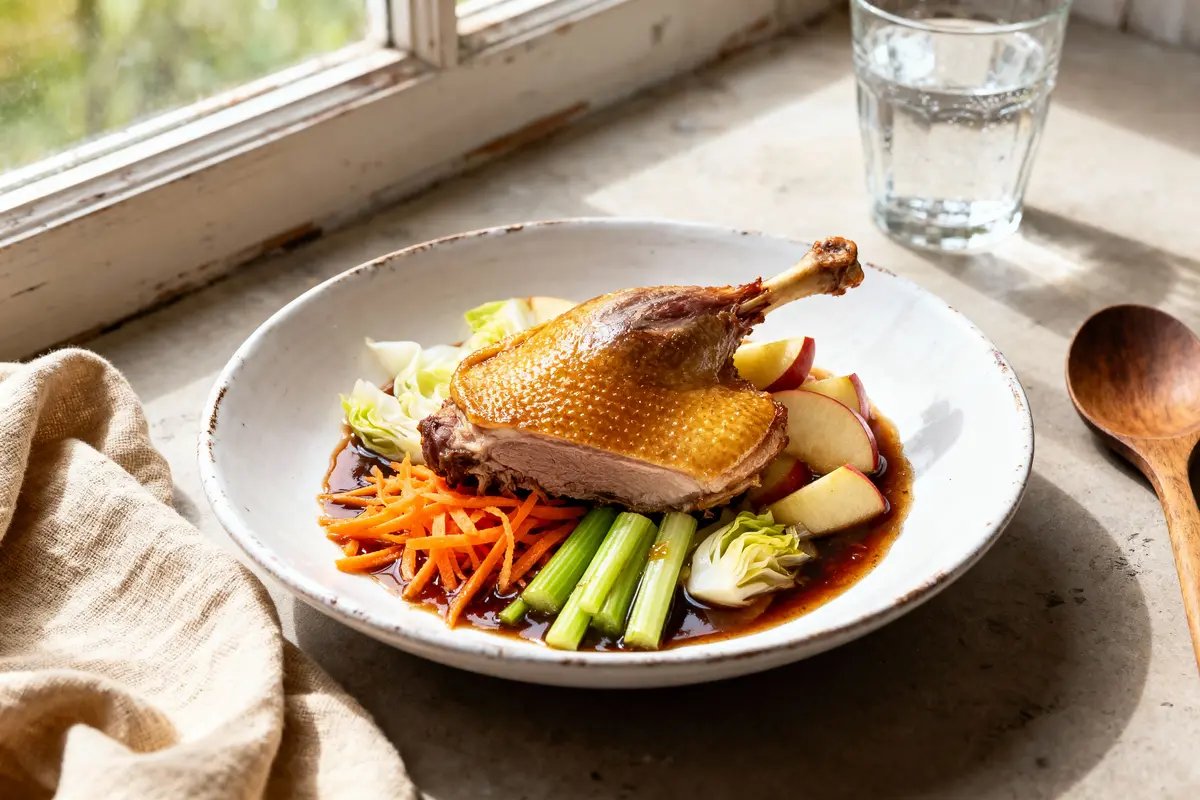 Assiette de canard rôti avec légumes, pommes et sauce brune, près d'une fenêtre ensoleillée.