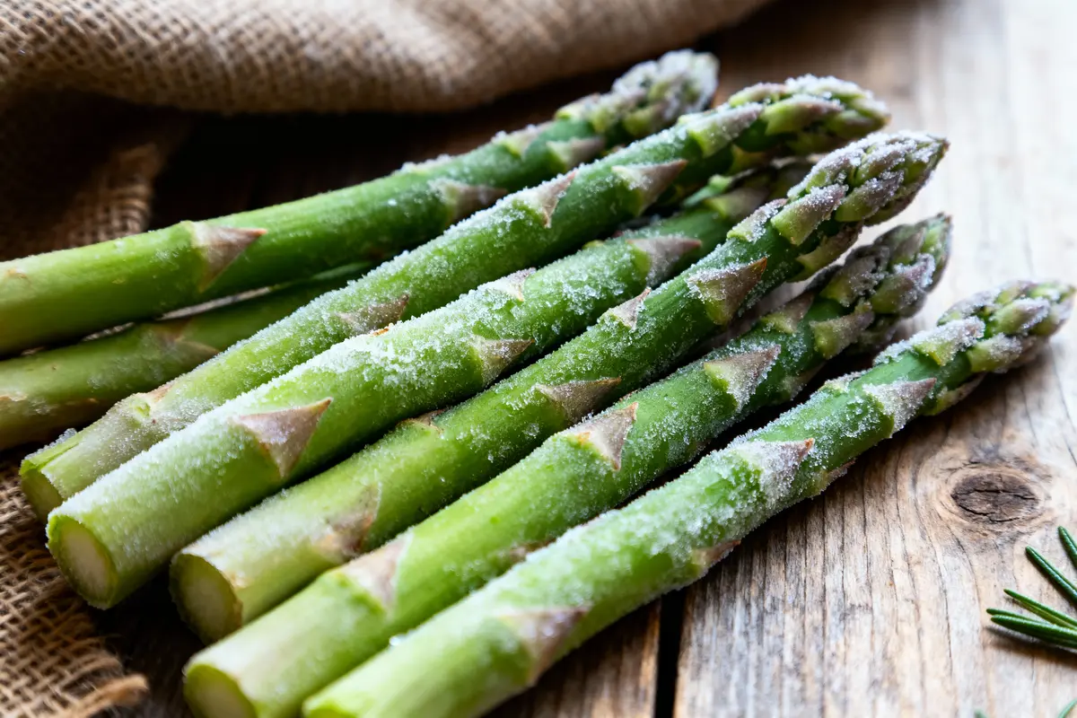 Asperges vertes surgelées posées sur une surface en bois, avec un tissu en jute en arrière-plan.
