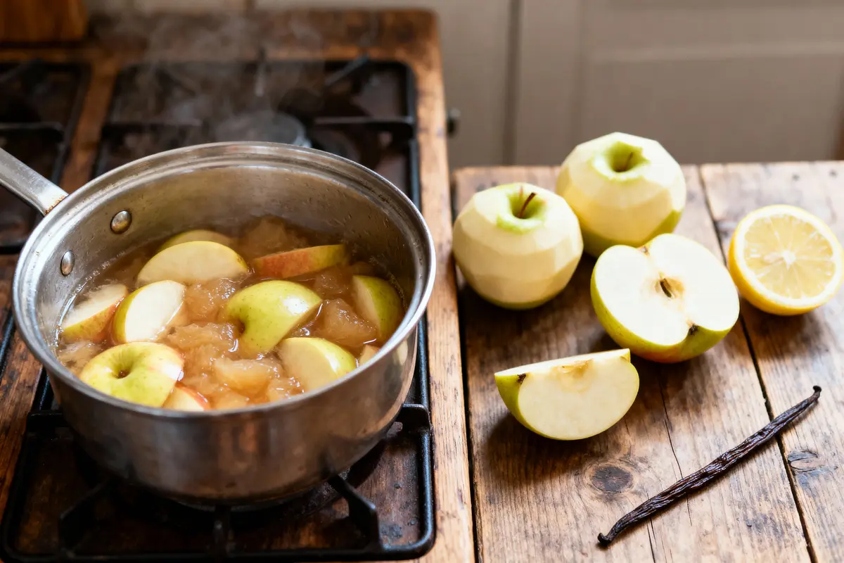 Pommes et citron sur table, pommes en compote dans casserole sur cuisinière, gousse de vanille à côté.