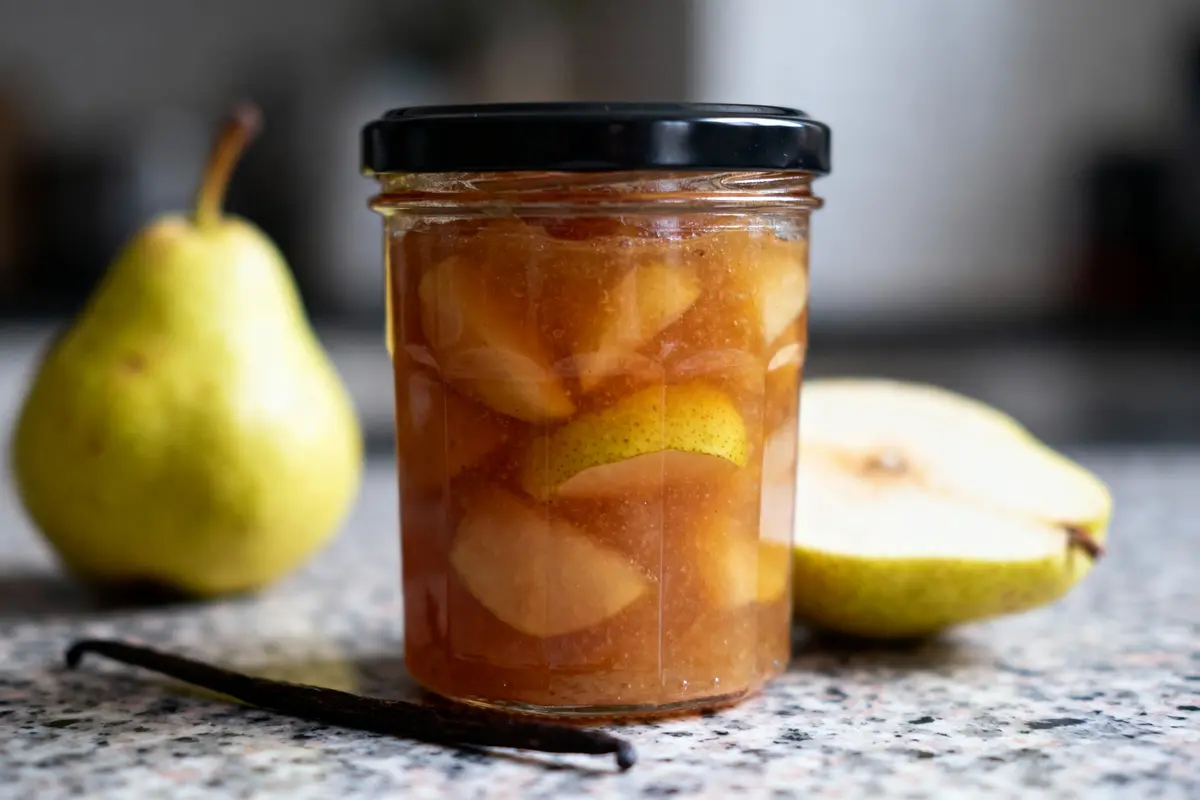Pot de confiture de poires, vanille, sur table grise, poire entière et demi-poire en arrière-plan.