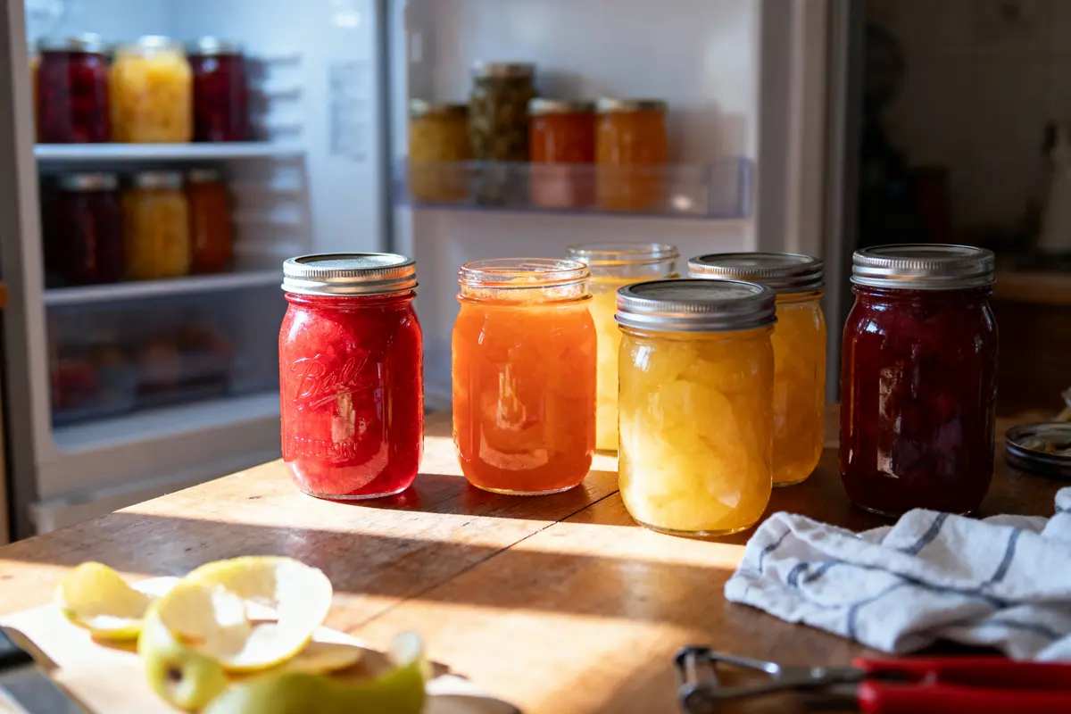 Pots de confiture colorés sur la table ensoleillée, devant un réfrigérateur ouvert. Épluchures et torchon visibles.