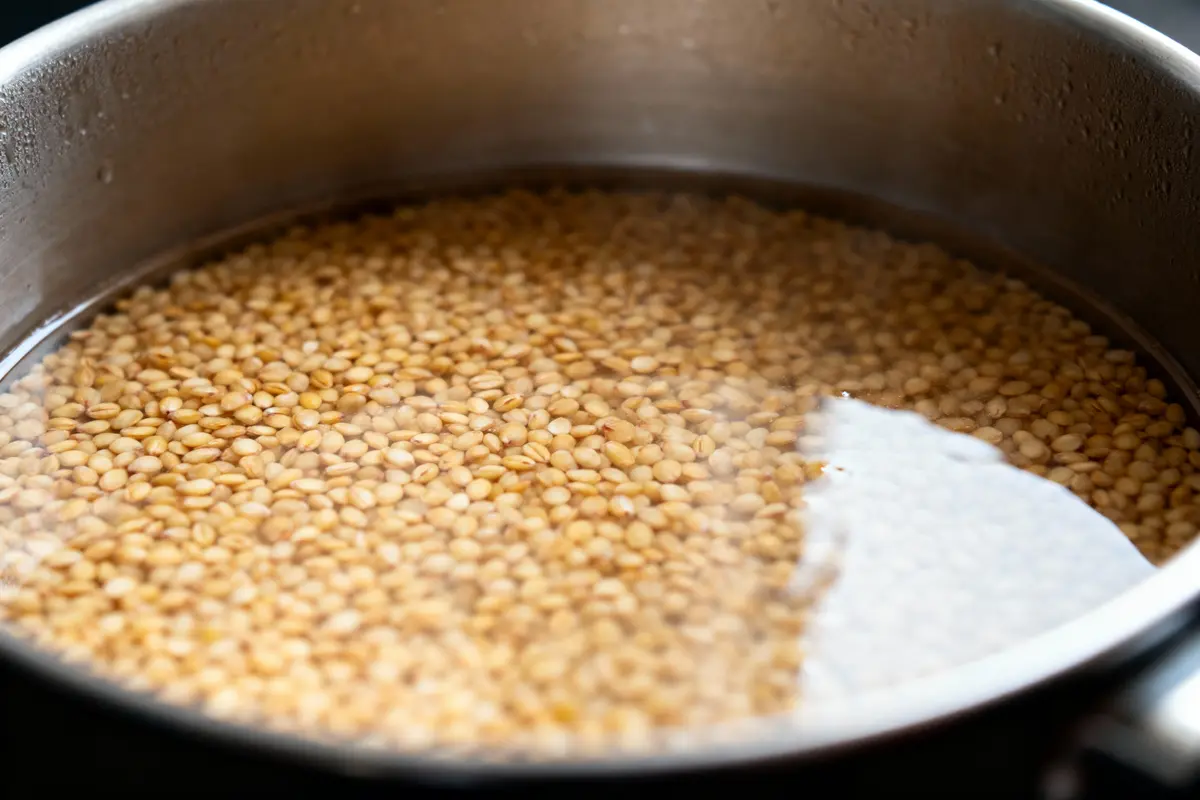 Grains de quinoa dorés trempant dans une casserole en acier inoxydable remplie d'eau.