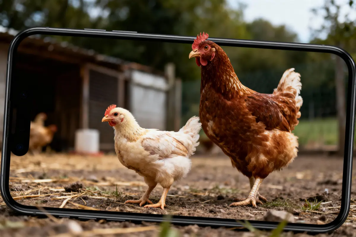 Deux poules marchent devant un poulailler, encadrées par un smartphone en gros plan.