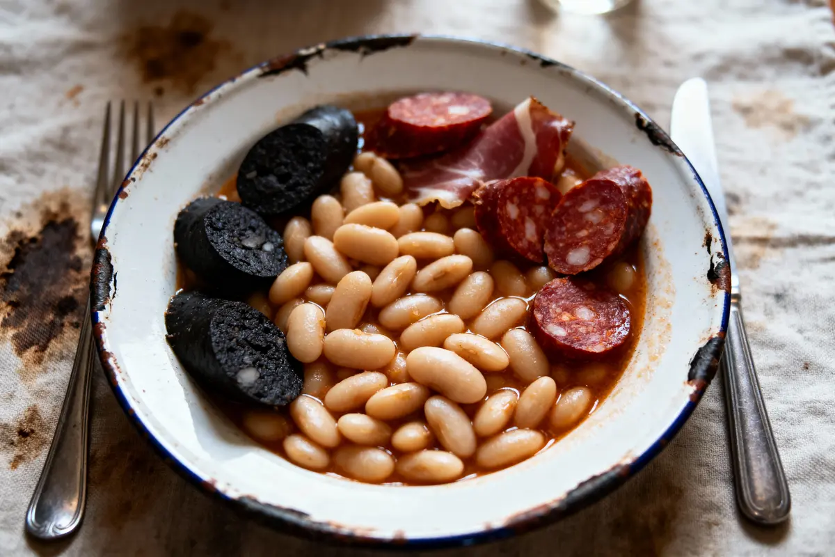 Assiette de haricots blancs, boudin noir, chorizo, jambon, chorizo rouge, sur nappe tachée, fourchette, couteau.