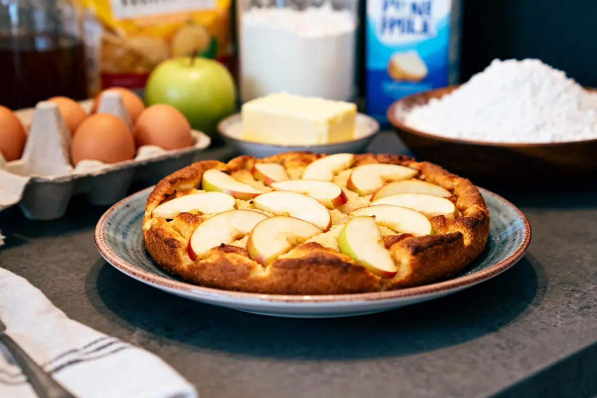 Tarte aux pommes sur une table avec ingrédients : œufs, pomme verte, beurre, farine et lait.