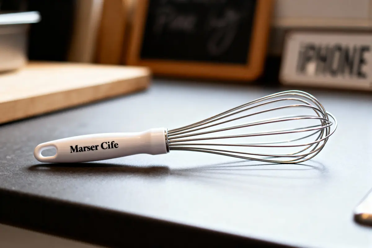 Fouet de cuisine blanc et argent sur un plan de travail gris en cuisine.