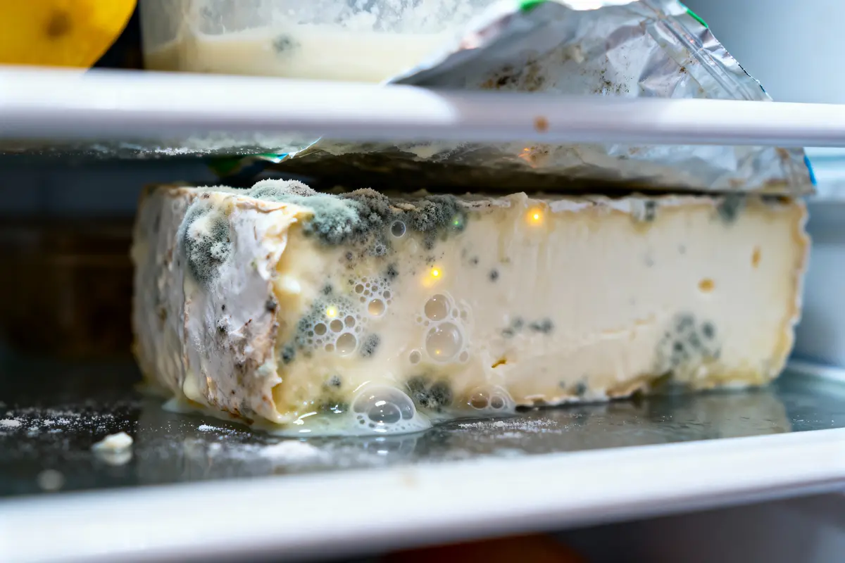 Morceau de fromage moisi dans un réfrigérateur, entouré de bulles et d'une feuille d'aluminium ouverte.