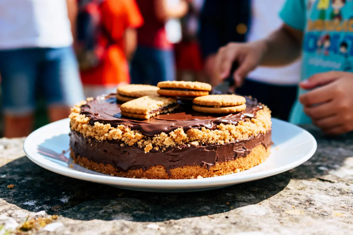 Gâteau au chocolat avec biscuits sur assiette blanche, entouré de mains, ambiance extérieure ensoleillée.