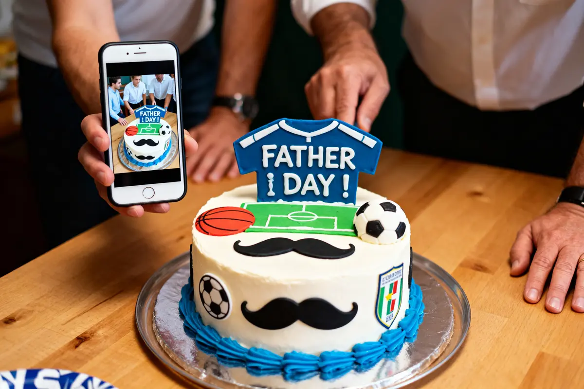 Gâteau de la fête des pères décoré de ballons, moustache, smartphone montrant même image.