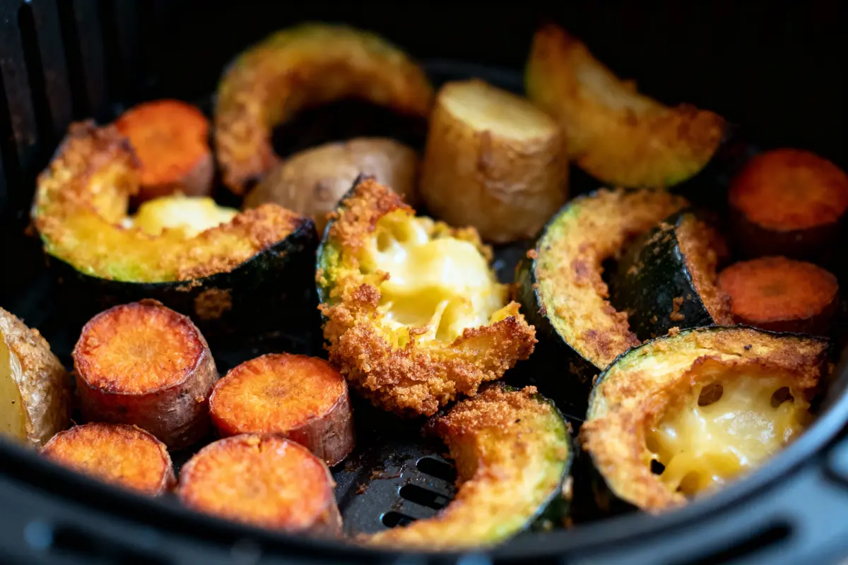 Tranches de courge et patates douces rôties, dorées et croustillantes, dans une friteuse à air.