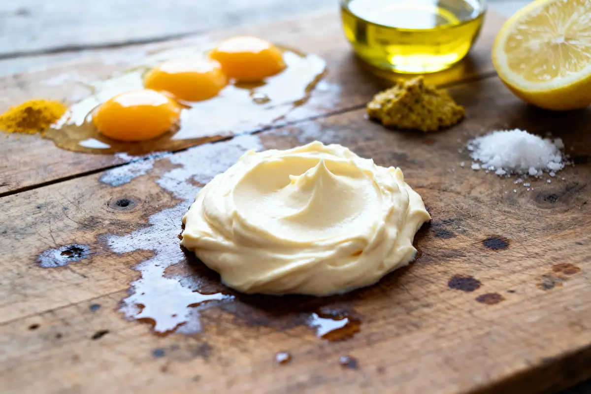 Ingrédients pour mayonnaise : jaunes d'œufs, huile, moutarde, citron, sel sur planche en bois.