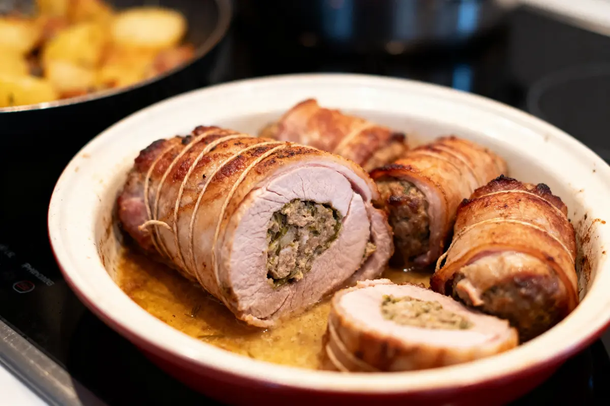 Rôti de porc farci à la viande hachée, ligoté, dans un plat de cuisson.