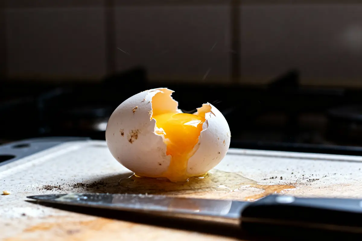 Œuf cassé avec jaune qui coule sur planche de cuisine, couteau à proximité.