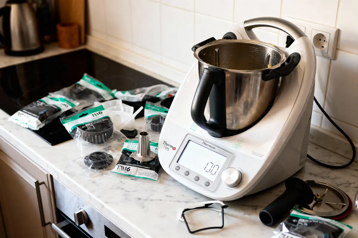 Robot culinaire Thermomix sur plan de travail, accessoires et pièces de rechange emballés autour.