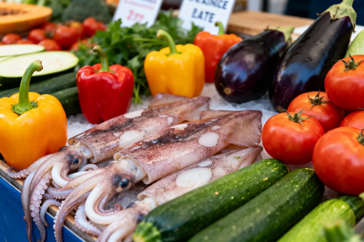 Légumes colorés et calmars frais exposés sur un étal de marché. Paprikas, courgettes, aubergines, tomates visibles.