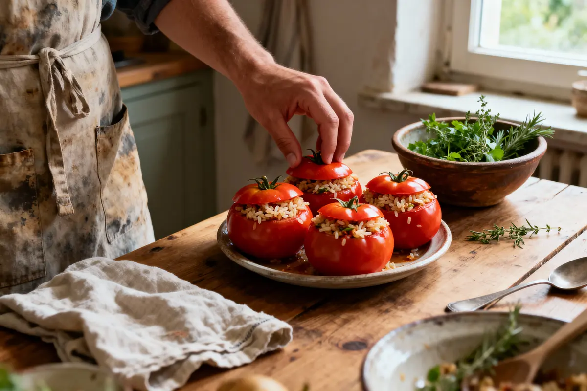 Main préparant des tomates farcies au riz sur une table en bois, avec herbes fraîches à côté.