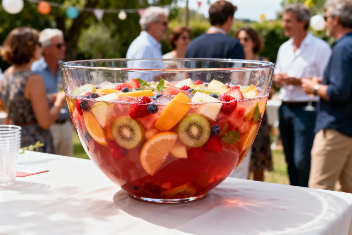 Un grand bol de sangria aux fruits colorés lors d'une fête en plein air, avec personnes en arrière-plan.