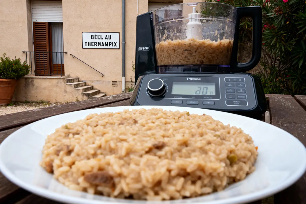 Plat de riz devant un mixeur et panneau "Bécl au Thermampix", à l'extérieur d'un bâtiment.