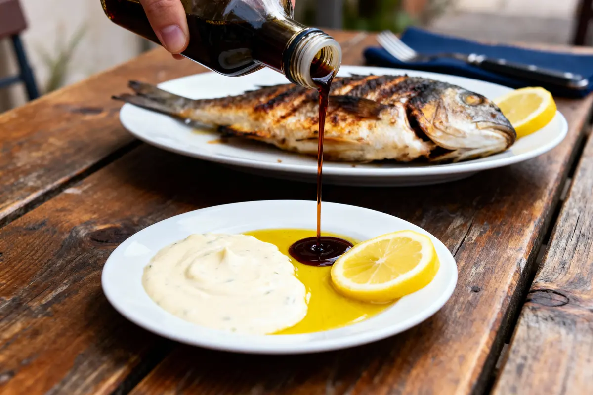 Main versant sauce sur assiette avec poisson grillé, mayonnaise, citron, huile d'olive, sur table en bois.