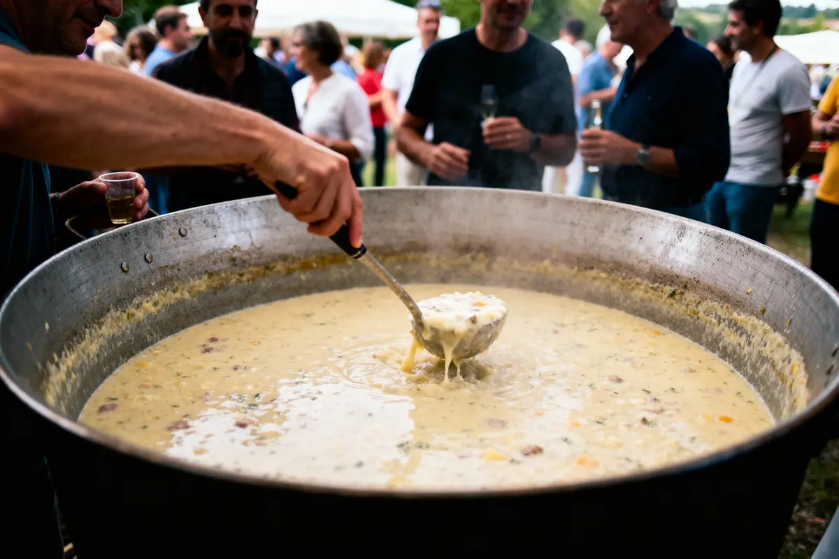 Grand pot de soupe crémeuse, personnes rassemblées en arrière-plan, servant avec une louche. Fête en plein air.