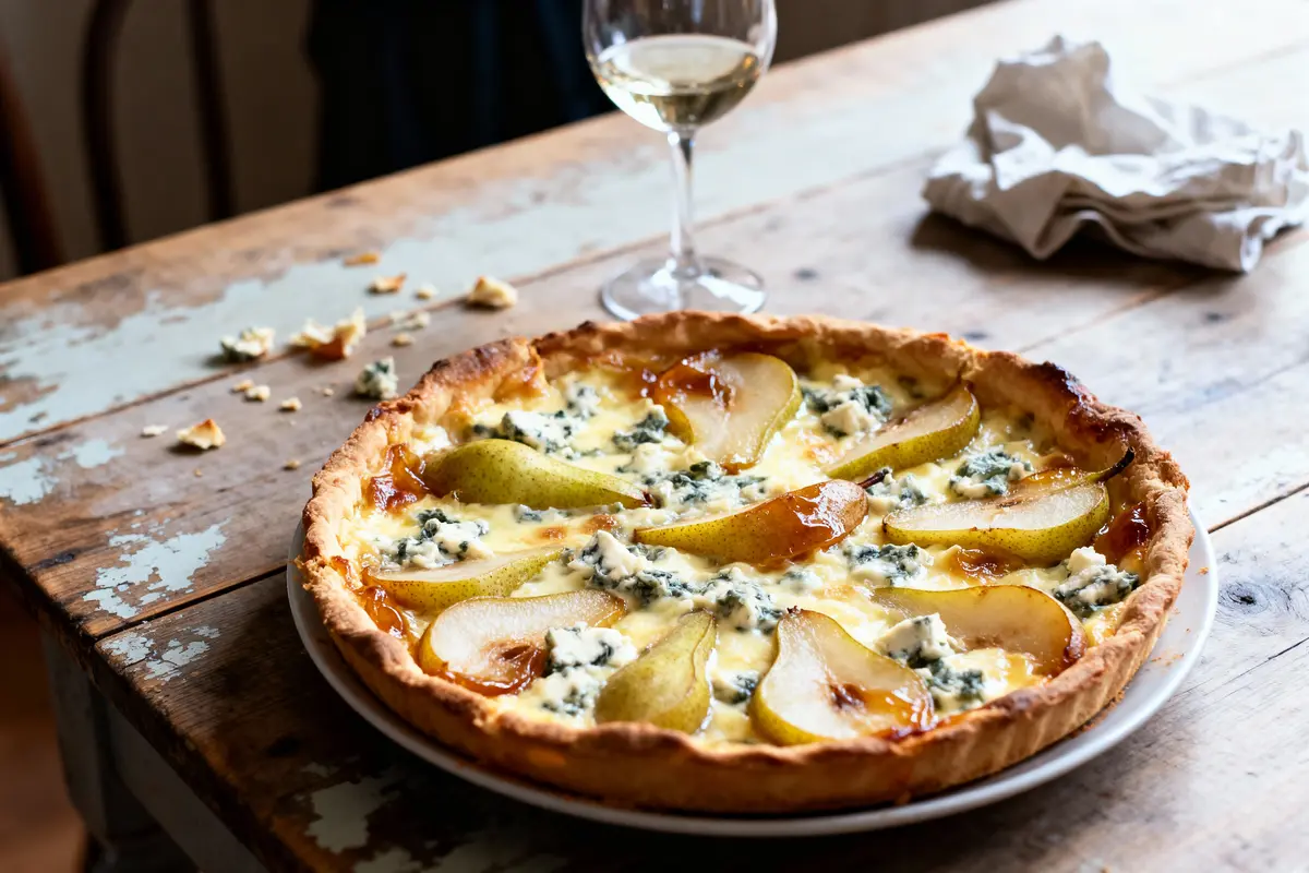 Tarte poires et fromage bleu sur table rustique, verre de vin blanc, napkin, miettes de pain.