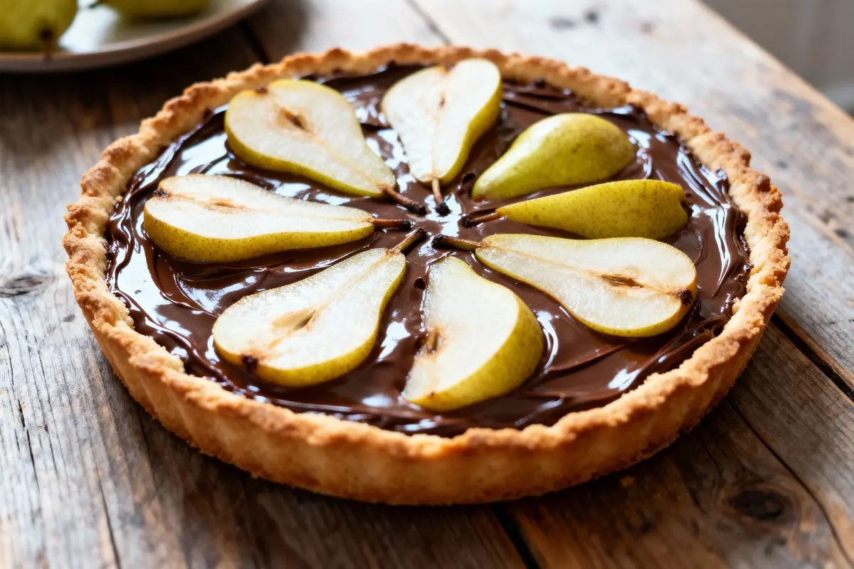 Tarte au chocolat garnie de poires tranchées, sur une table en bois rustique.