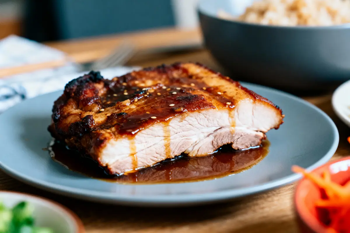 Tranche de porc laquée servie sur assiette grise, sauce autour, avec aliments flous en arrière-plan.