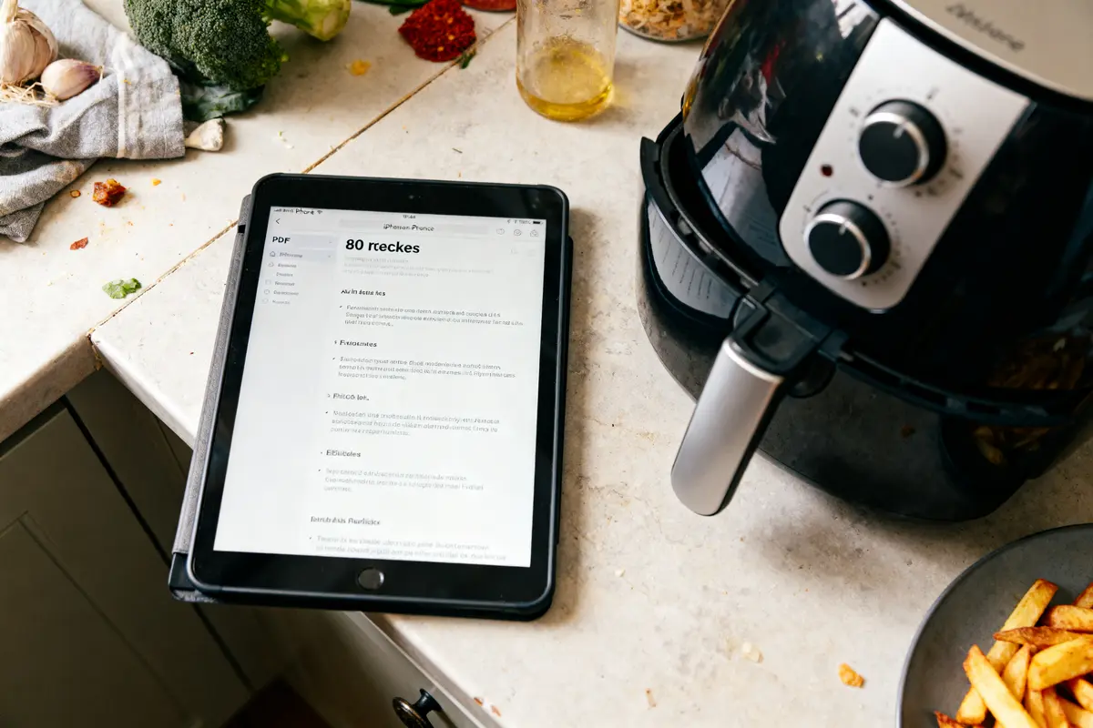 Tablette affichant recettes, airfryer, légumes et assaisonnements sur un comptoir de cuisine blanche.