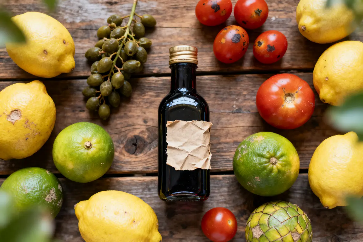 Bouteille d'huile, limes, citrons, tomates, raisins verts sur table en bois. Arrangement naturel et coloré.
