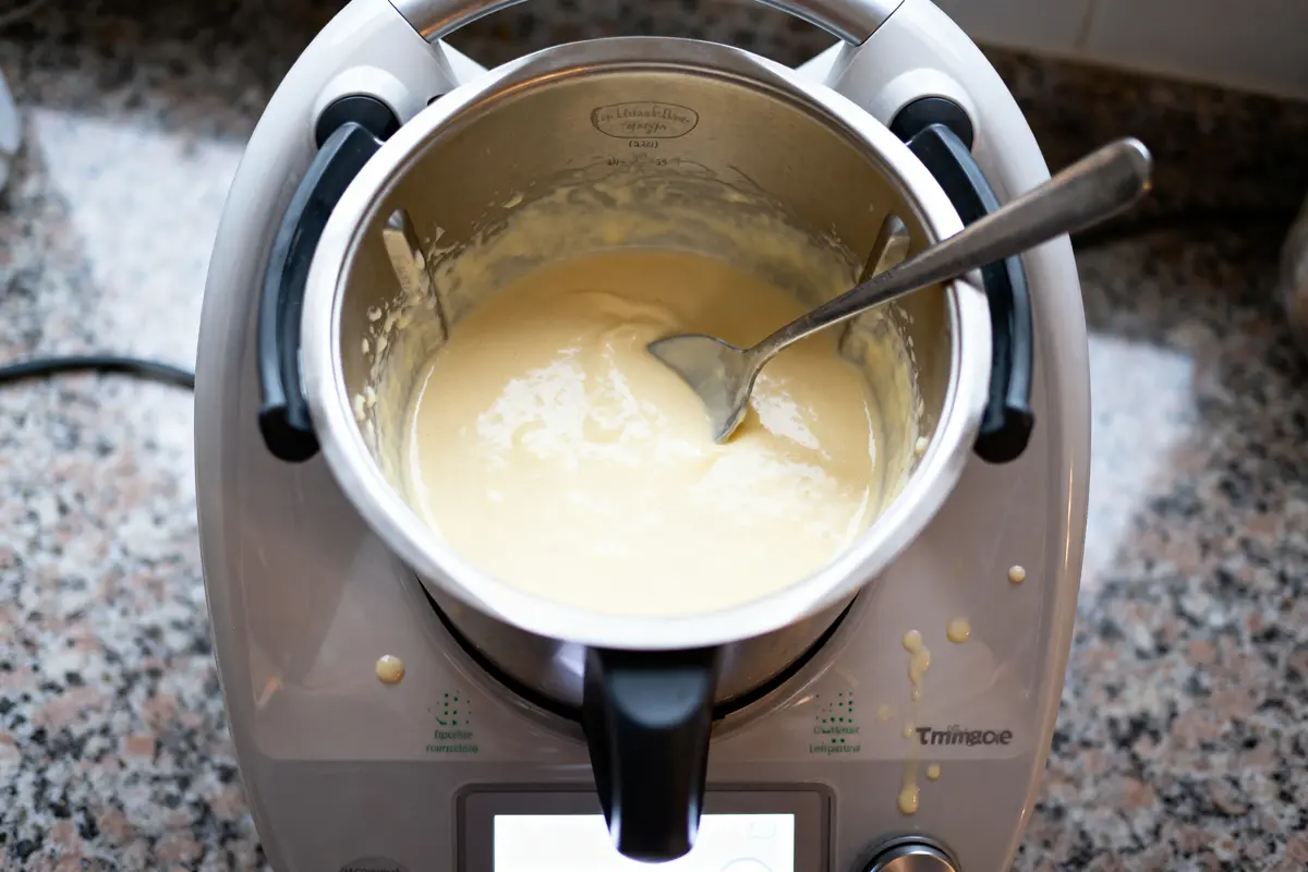 Robot de cuisine Thermomix avec mélange crémeux à l'intérieur, cuillère en inox, sur plan de travail.