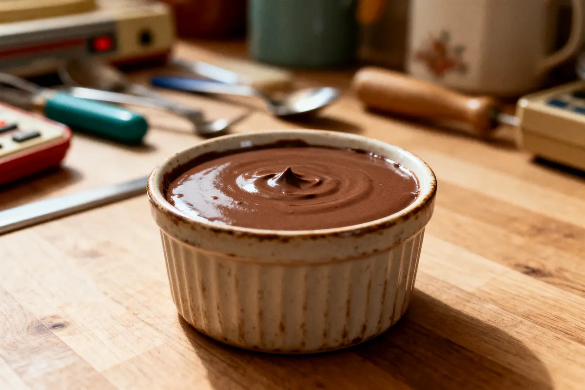 Bol de mousse au chocolat sur table en bois, avec ustensiles flous en arrière-plan.