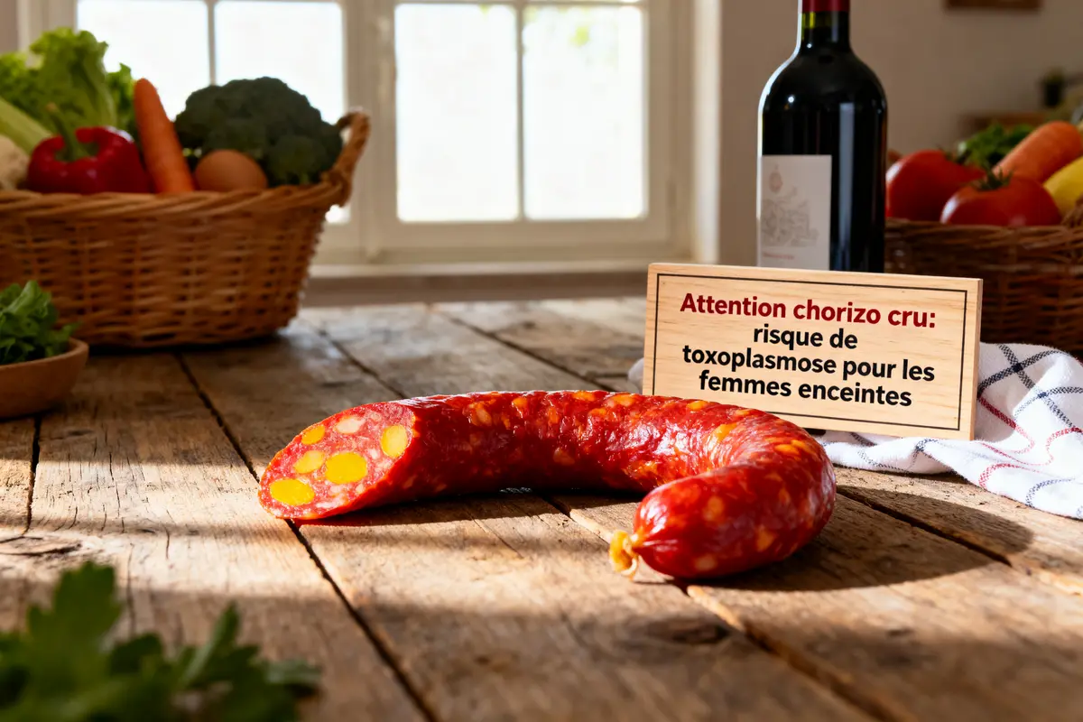 Chorizo cru sur table en bois, avertissement toxoplasmose pour femmes enceintes, près de paniers légumes et vin.