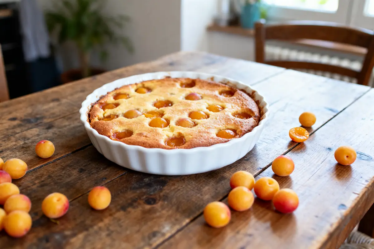 Tarte aux mirabelles dans plat blanc sur table en bois, mirabelles dispersées autour. Ambiance chaleureuse, lumineuse.
