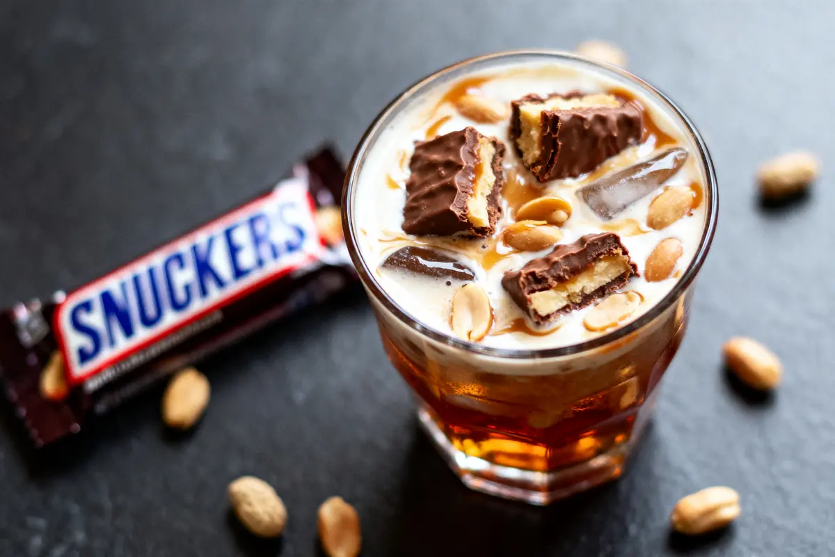 Verre avec glaçons, morceaux de chocolat, cacahuètes et caramel, Snickers en arrière-plan.