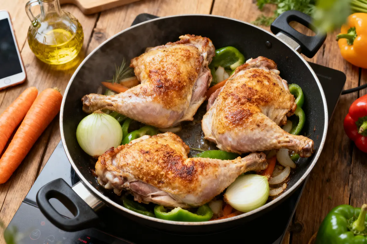 Cuisses de poulet rôties dans une poêle, entourées d'oignons, poivrons, carottes. Huile d'olive à proximité.