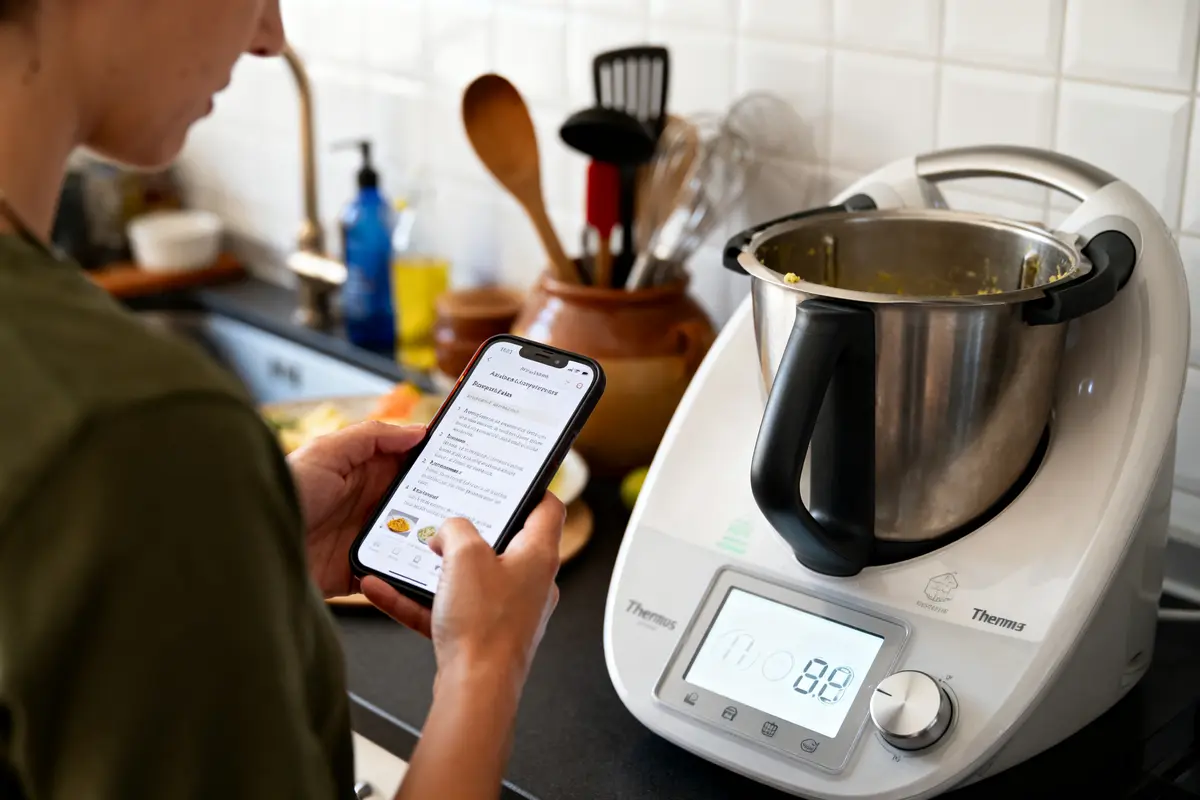 Personne utilisant smartphone pour recette cuisine devant un robot culinaire dans une cuisine moderne.