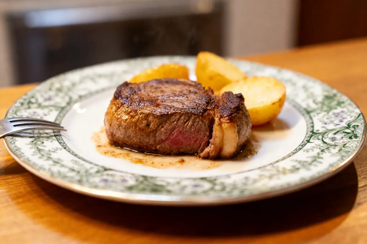 Filet mignon et pommes de terre rôties sur une assiette décorative.