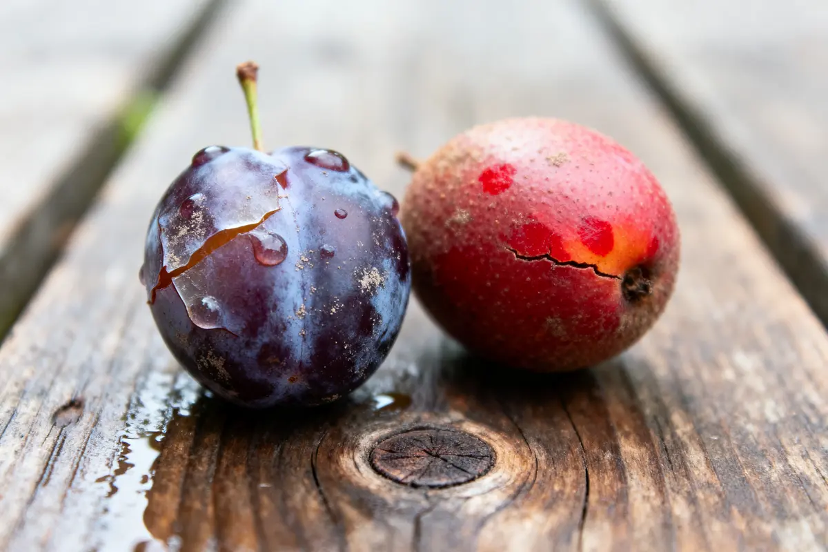 Deux prunes abîmées sur une table en bois, avec gouttes d'eau et fissures visibles.