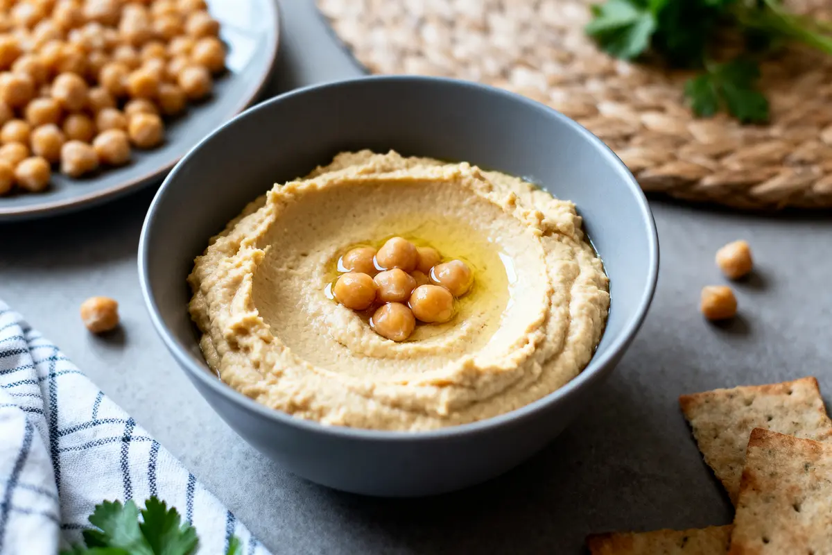 Bol de houmous garni de pois chiches et huile d'olive, sur table avec crackers et pois chiches.