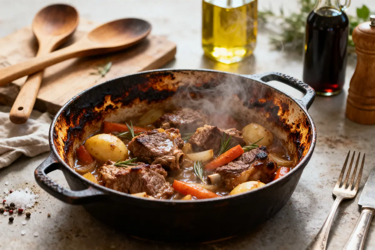 Ragoût de viande mijoté avec pommes de terre et carottes dans une cocotte en fonte.