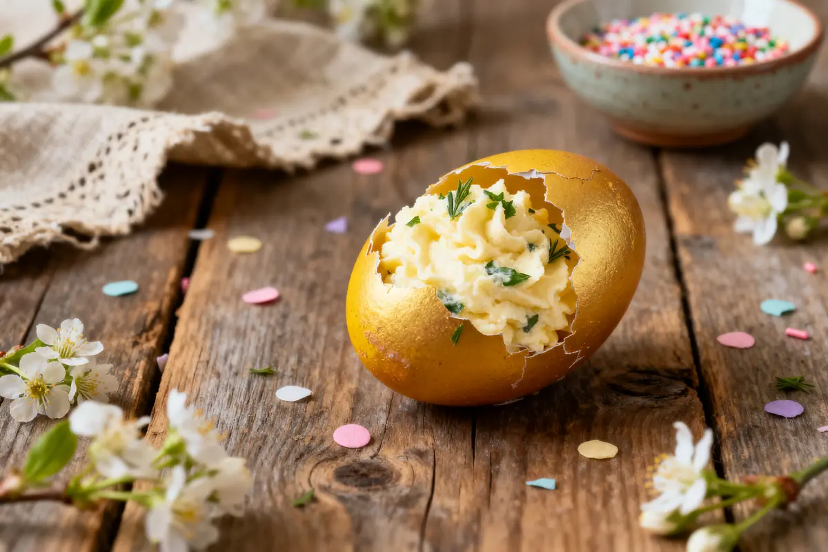 Oeuf en chocolat doré, garni de crème et herbes, sur table en bois, fleurs et confettis autour.