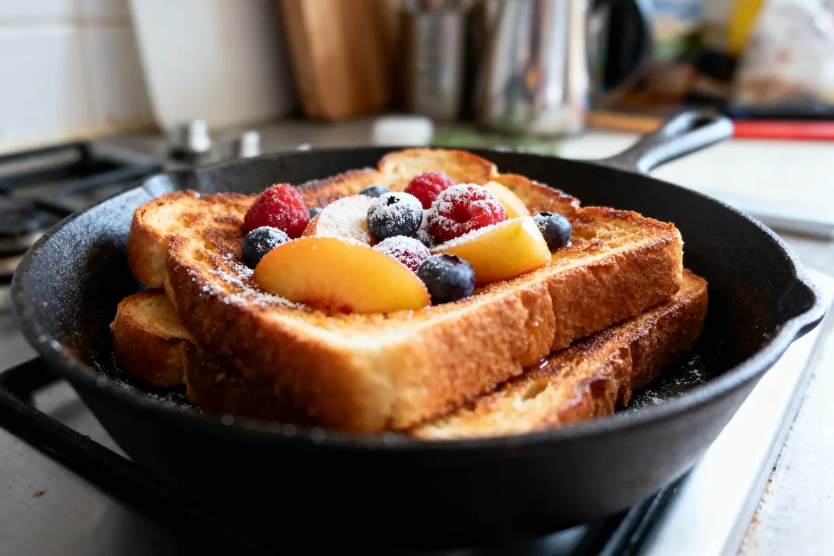 Tranches de pain perdu, garnies de fruits frais et sucre glace, dans une poêle en fonte.