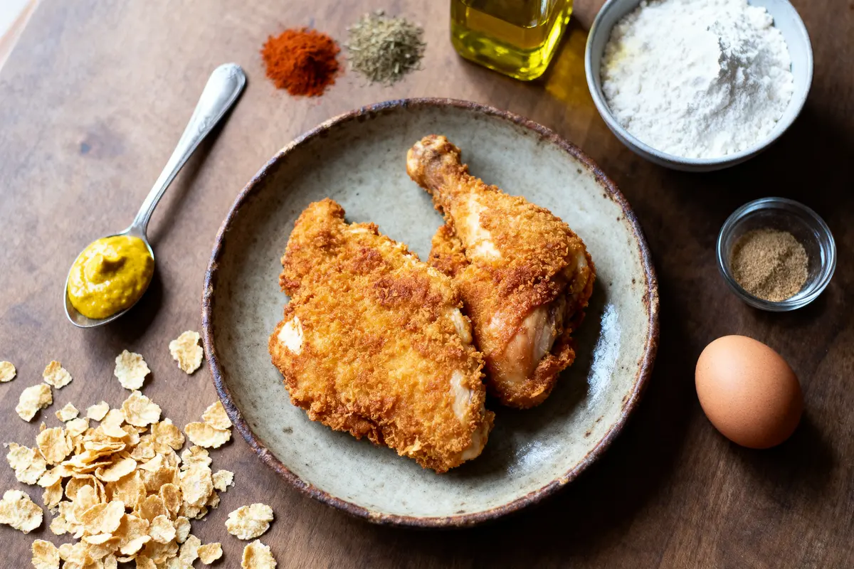Poulet frit dans une assiette avec épices, moutarde, huile, farine, œuf et céréales sur table en bois.