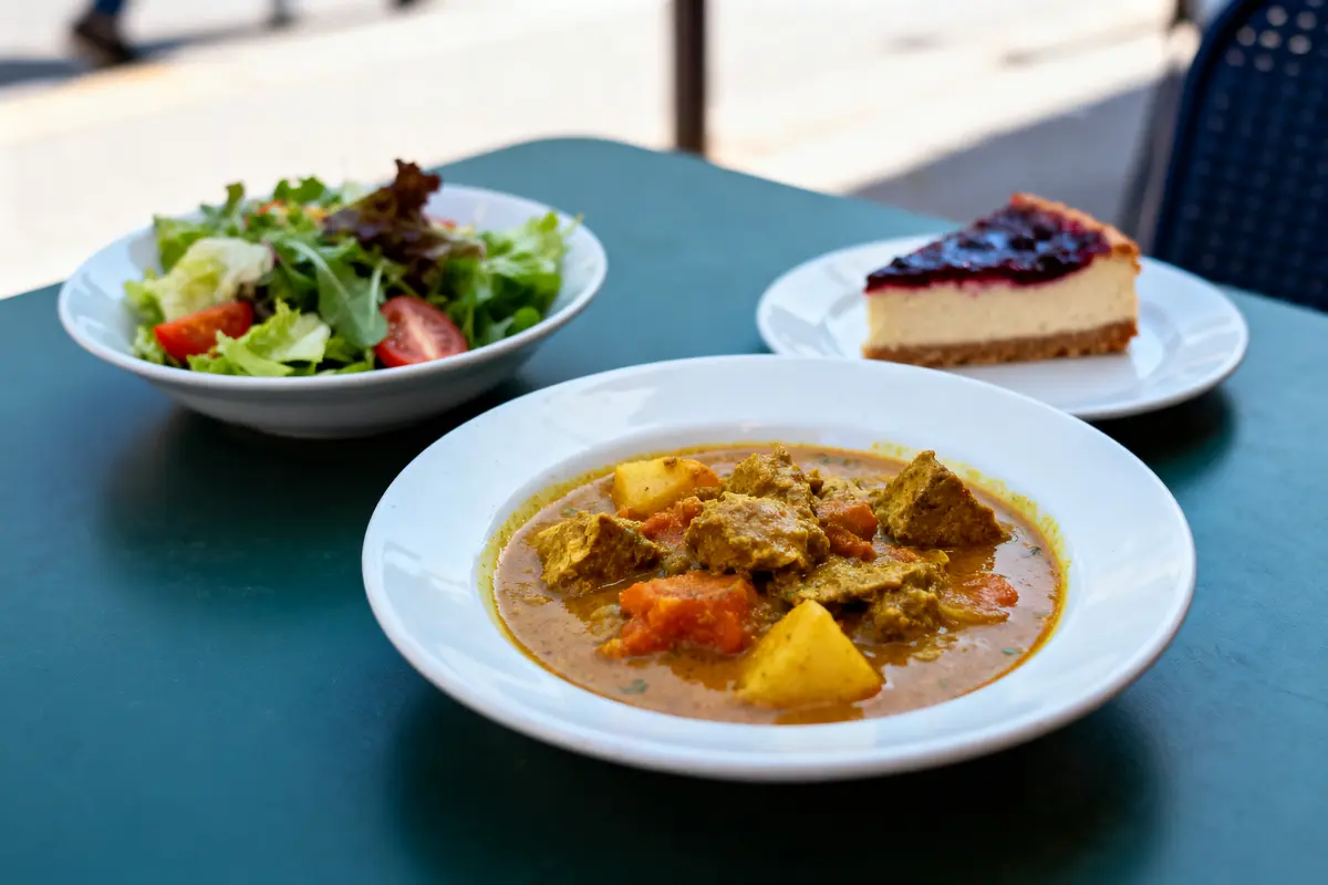 Assiette de curry avec légumes, salade verte et part de cheesecake sur table extérieure.