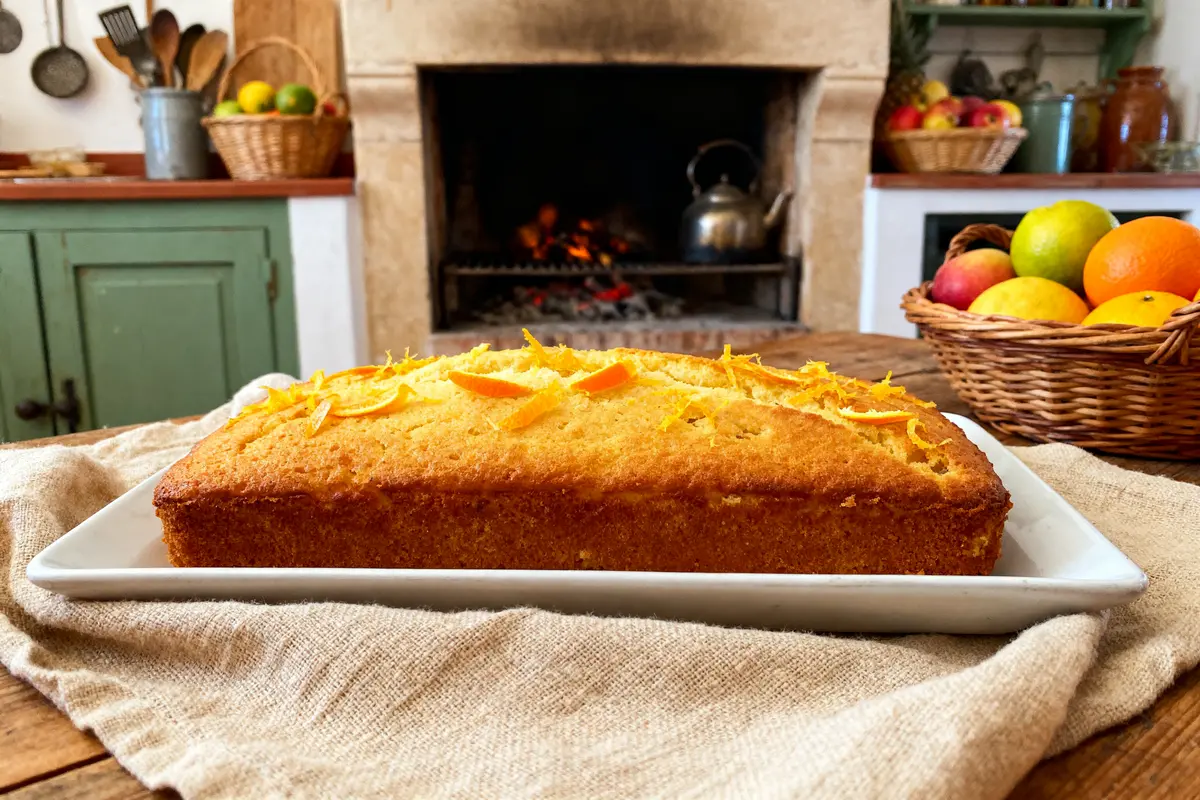 Cake au citron sur assiette blanche, cuisine rustique avec cheminée et paniers de fruits en arrière-plan.