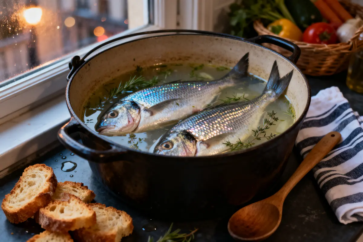Deux poissons dans une cocotte avec herbes, fenêtre, pain, cuillère en bois, légumes en arrière-plan.