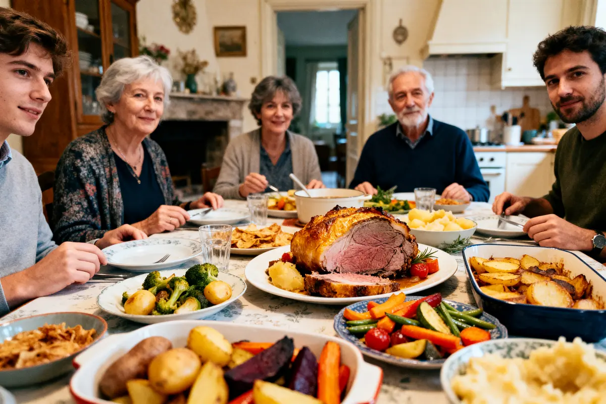 Groupe de personnes âgées et jeunes autour d'un repas familial avec rôti et légumes variés.