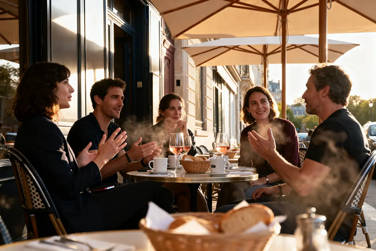 Groupe de cinq personnes discutant joyeusement en terrasse avec boissons et pain, sous parasols.